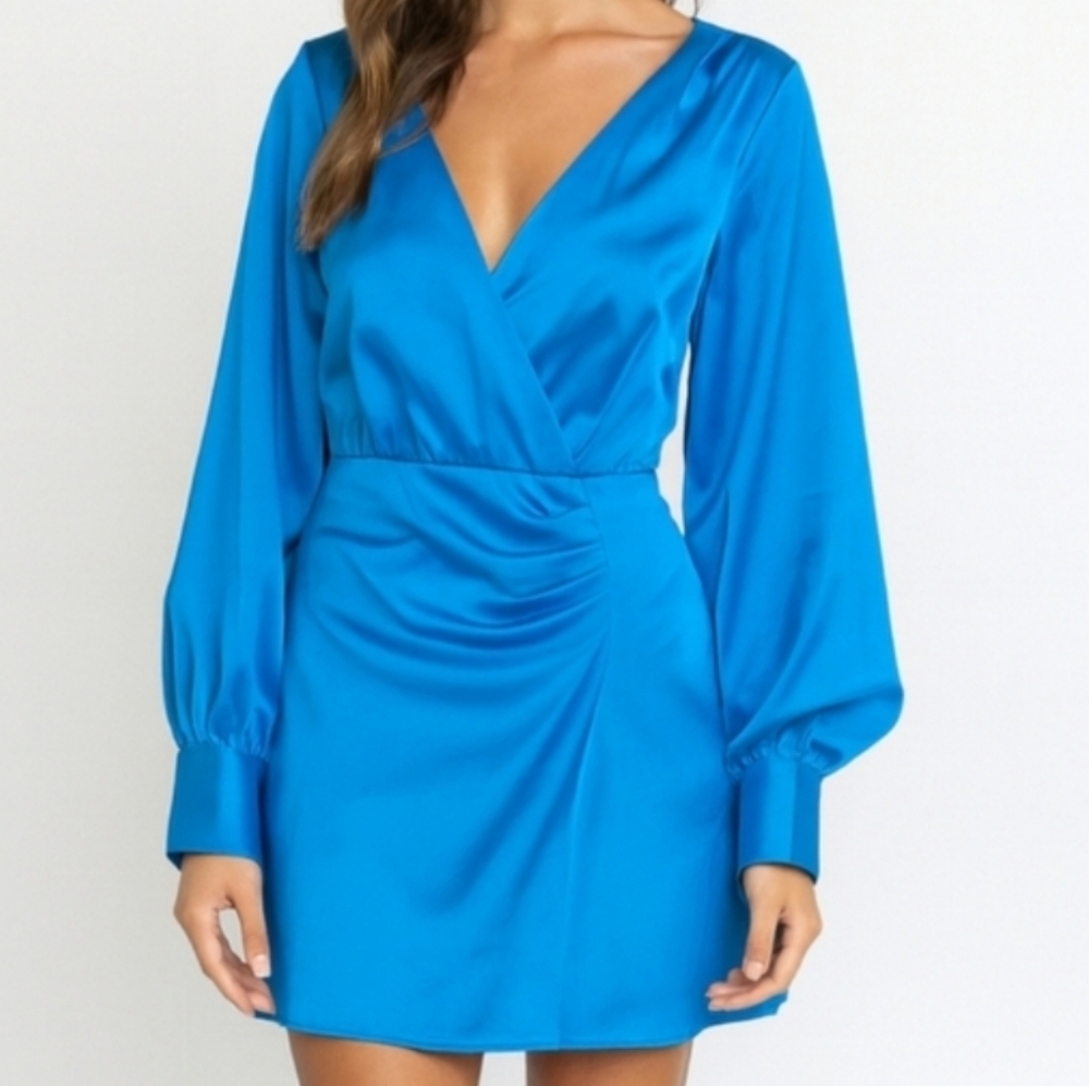 New Electric Blue Satin Long Sleeve Mini Dress – Wrap Front & Ruched M Nwt